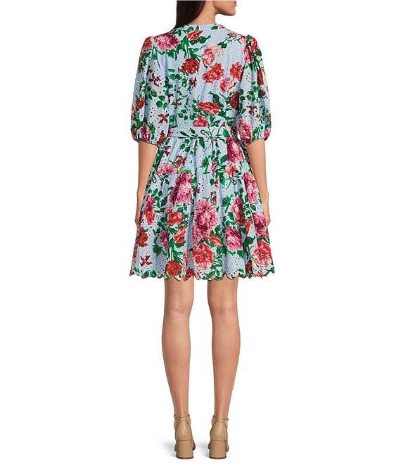 Gibson & Latimer Floral Eyelet Split Neck Elbow Puff Sleeve Button Front Scallop Hem Dress Product Image