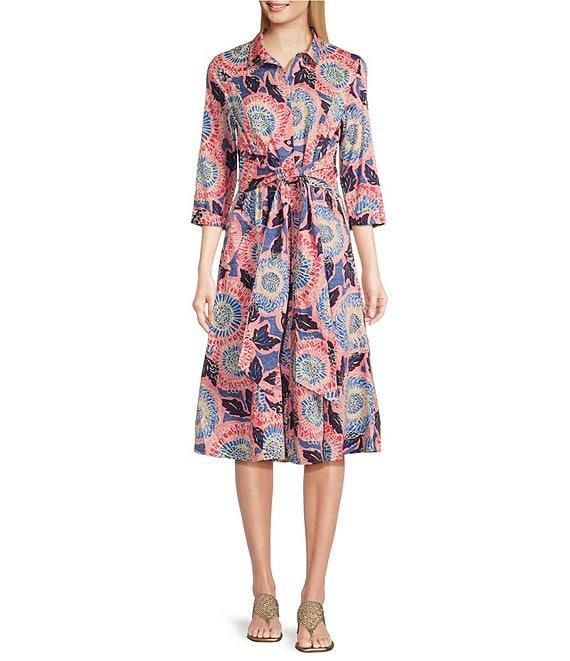 NIC + ZOE Stretch Cotton Scribble Blooms Print 3/4 Sleeve Midi Shirt Dress Product Image