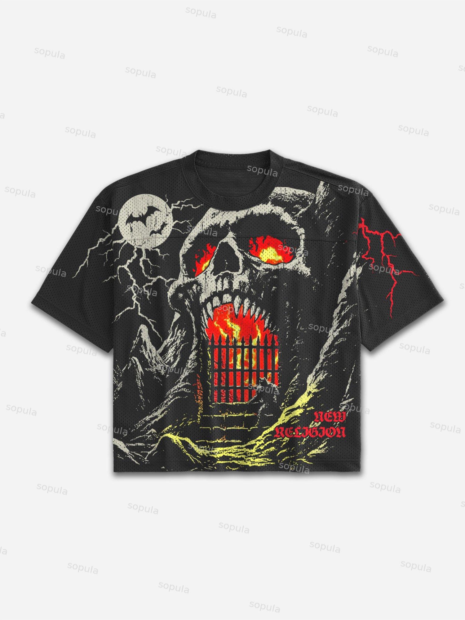 Skull Flame Mountain Graphic Mesh Football Jersey T-shirt Product Image