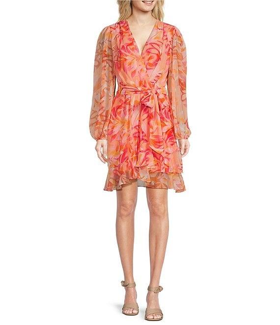 Alex Marie Laurel Printed Crinkle Chiffon Long Sleeve A-Line Dress Product Image