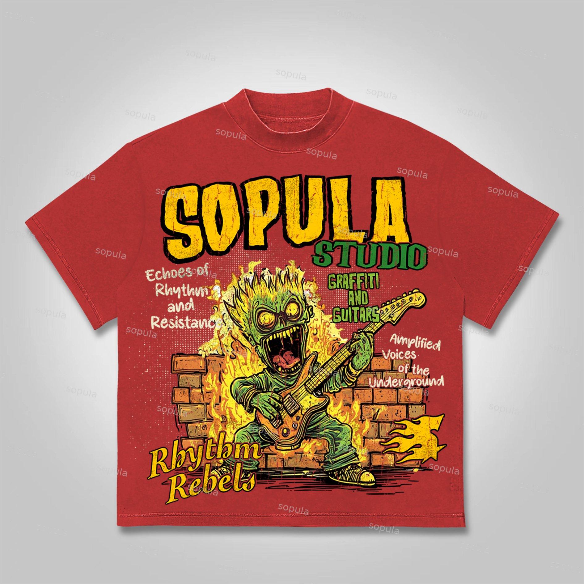 Sopula Street Graffiti Flame Guitar Graphic Cotton T-shirt Product Image