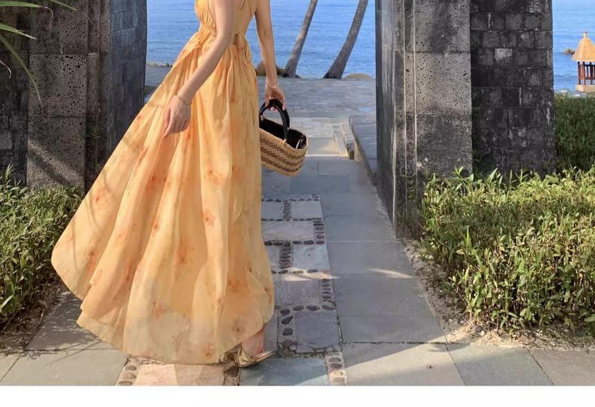 Spaghetti Strap Floral Open Back Midi A-Line Sundress Product Image