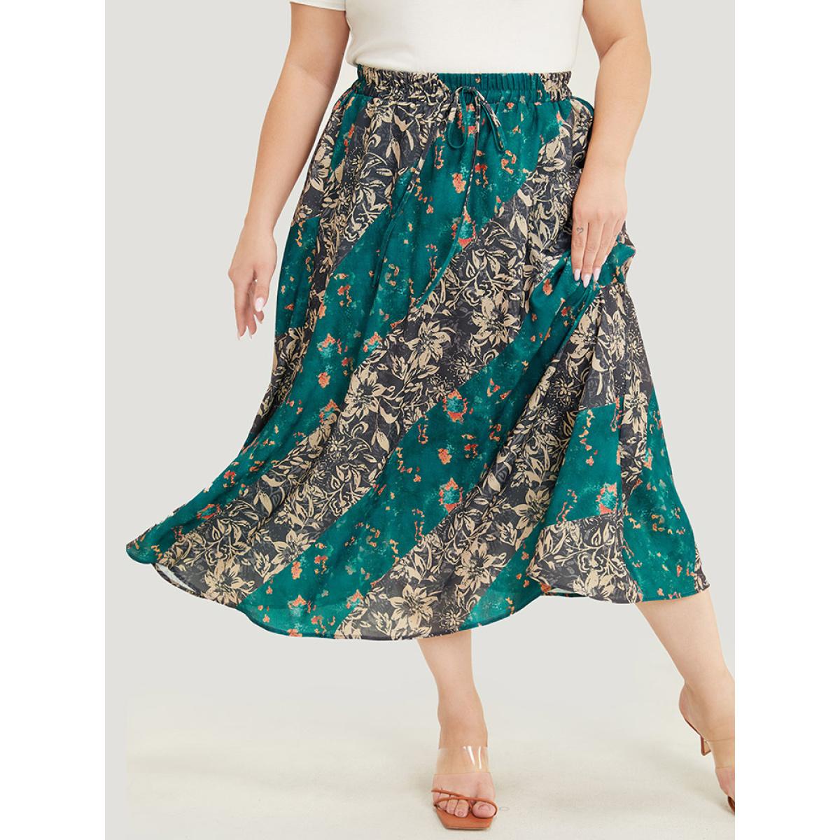 Plus Size Floral Contrast Pocket Knot Front Skirt Women Multicolor Elegant Contrast No stretch Pocket Dailywear Skirts BloomChic 12/L Product Image