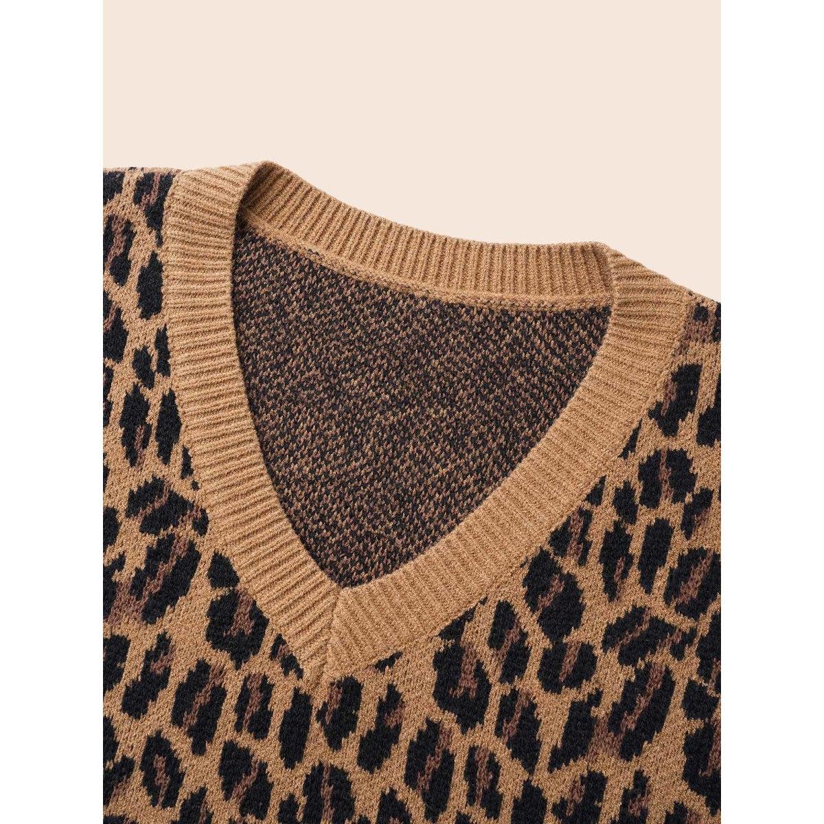 Plus Size V Neck Leopard Print Jacquard Pullover Yellowishbrown Women Casual Loose Long Sleeve V-neck Everyday Pullovers BloomChic 18-20/2X Product Image