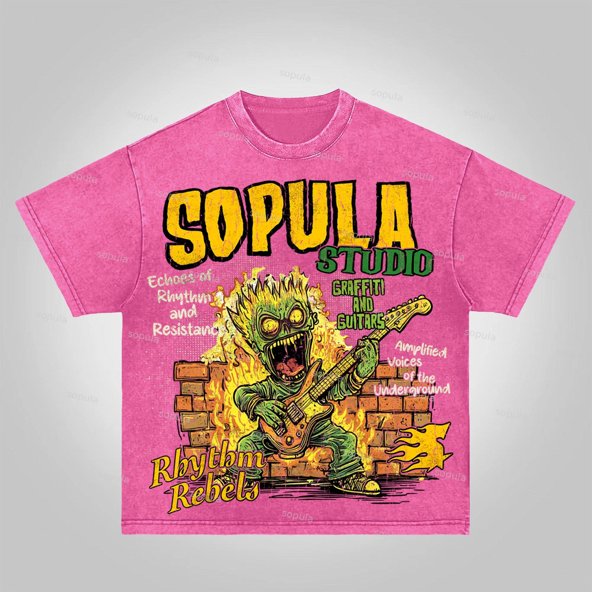 Sopula Street Graffiti Flame Guitar Graphic Acid Wash T-shirt Product Image