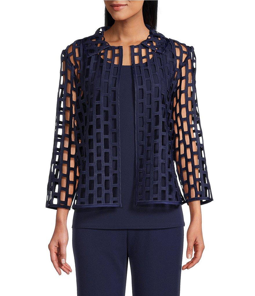 Ming Wang Novelty Woven Square Geo Cutout Spread Collar 3/4 Sleeve Jacket Product Image