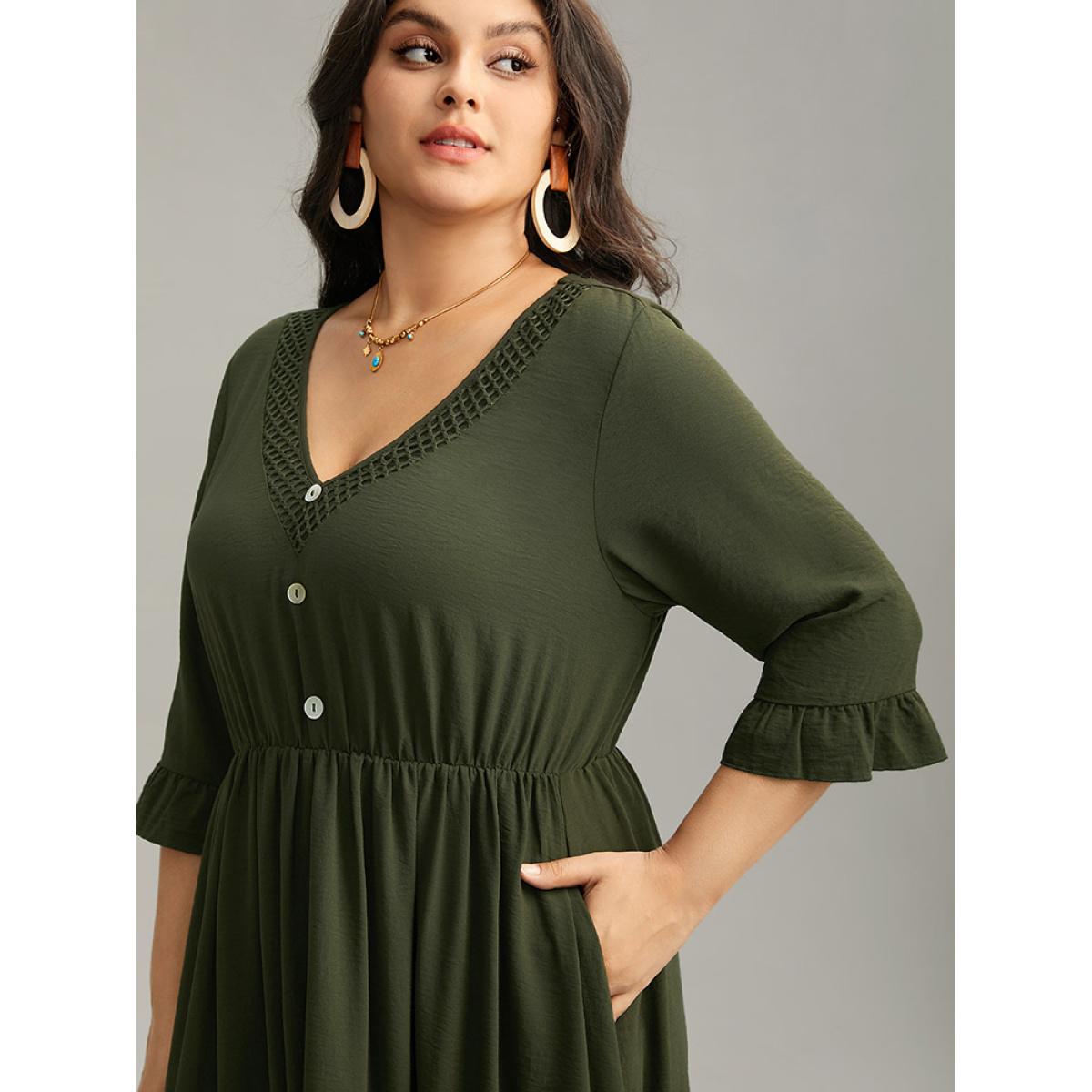 Plus Size Plain Ruffles Patchwork Button Detail Cut Out Dress ArmyGreen Women Vacation Plain V-neck Elbow-length sleeve Curvy Midi Dress BloomChic 28/5X Product Image