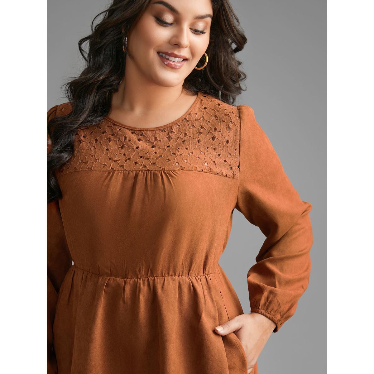Plus Size Faux Suede Lace Panel Lantern Sleeve Dress Yellowishbrown Women Timeless Texture Round Neck Long Sleeve Curvy BloomChic 30/6X Product Image