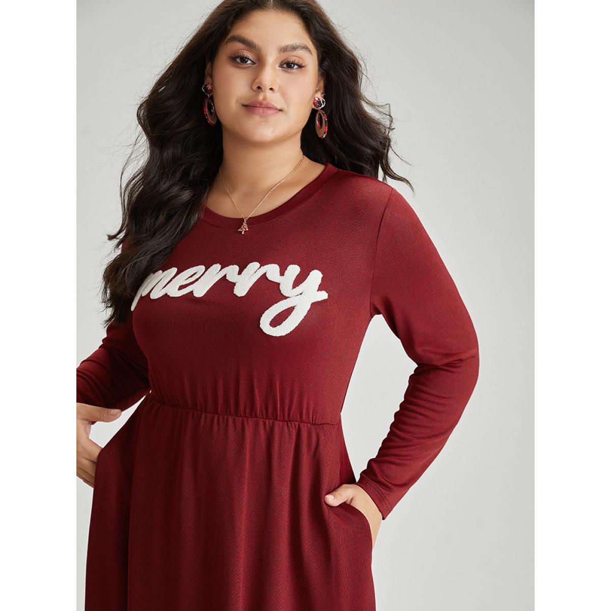 Plus Size Holiday Greetings Embroidered Pocket Elastic Waist Dress Scarlet Women Elegant Embroidered Round Neck Long Sleeve Curvy Midi Dress BloomChic 30/6X Product Image