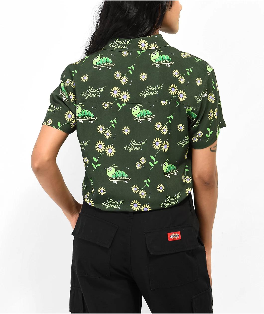Your Highness Caterpillar Green Crop Button Up Shirt Product Image