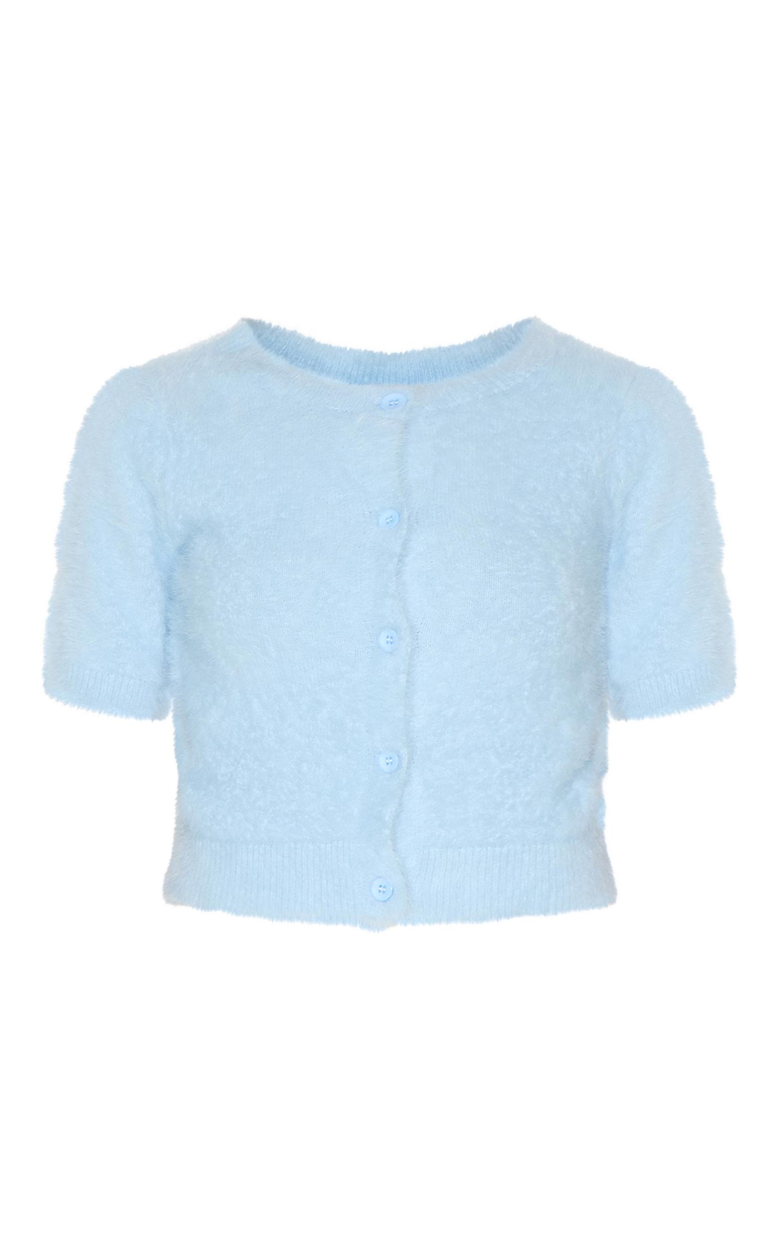 Petite Blue Fluffy Knit Cap Sleeve Crop Sweater Product Image