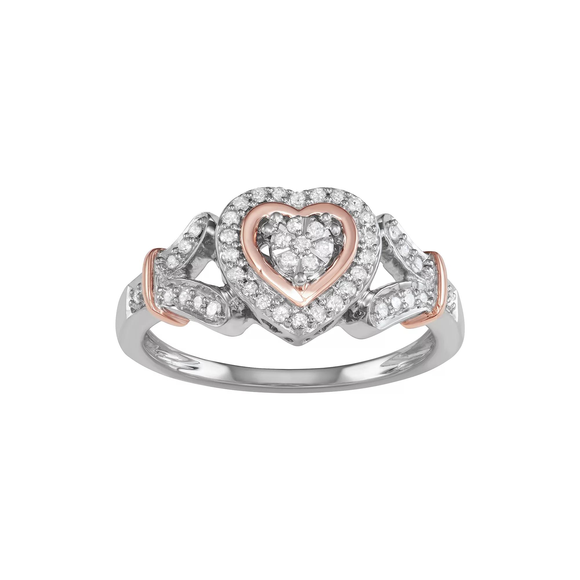 Two Tone Sterling Silver 1/4 Carat T.W. Diamond Heart Ring, Women's, Size: 6, Pink Tone Product Image