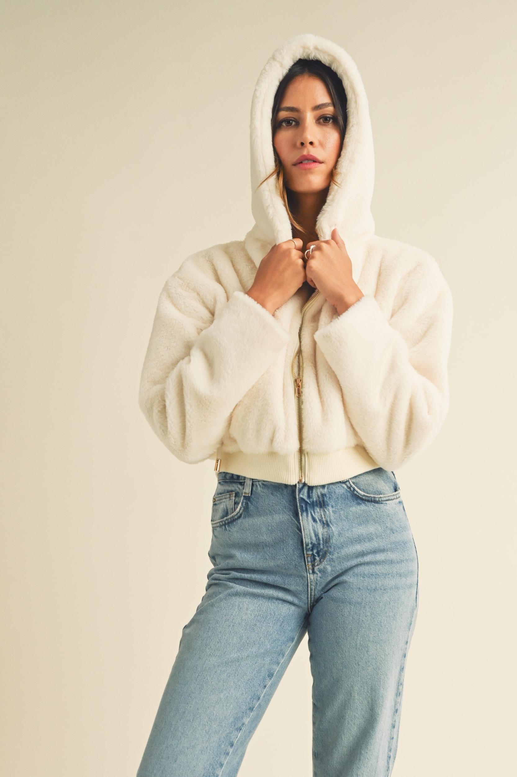 Faux Fur Hoodie Crop Jacket Product Image