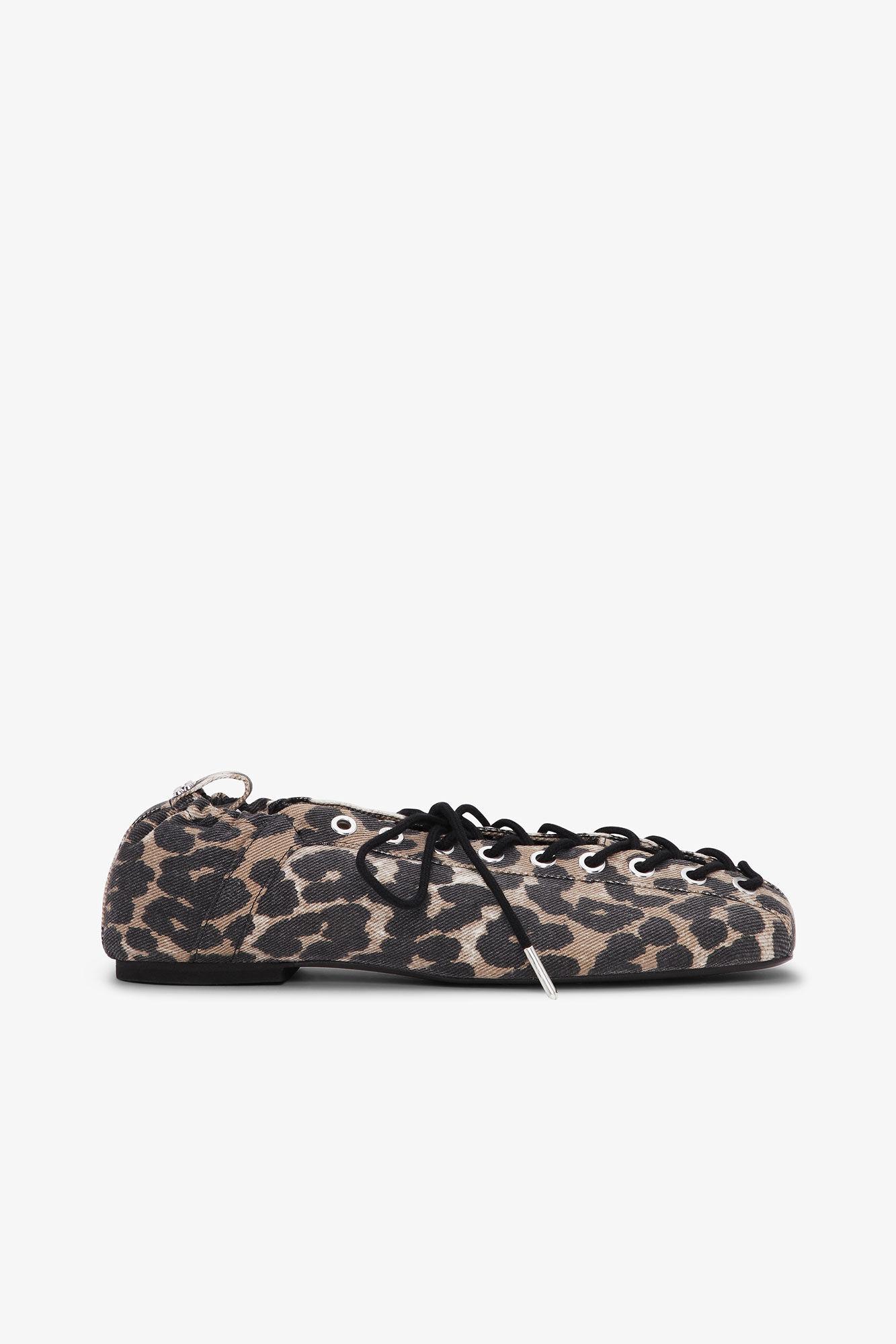 Leopard Printed Denim Lace-Up Ballerinas Product Image