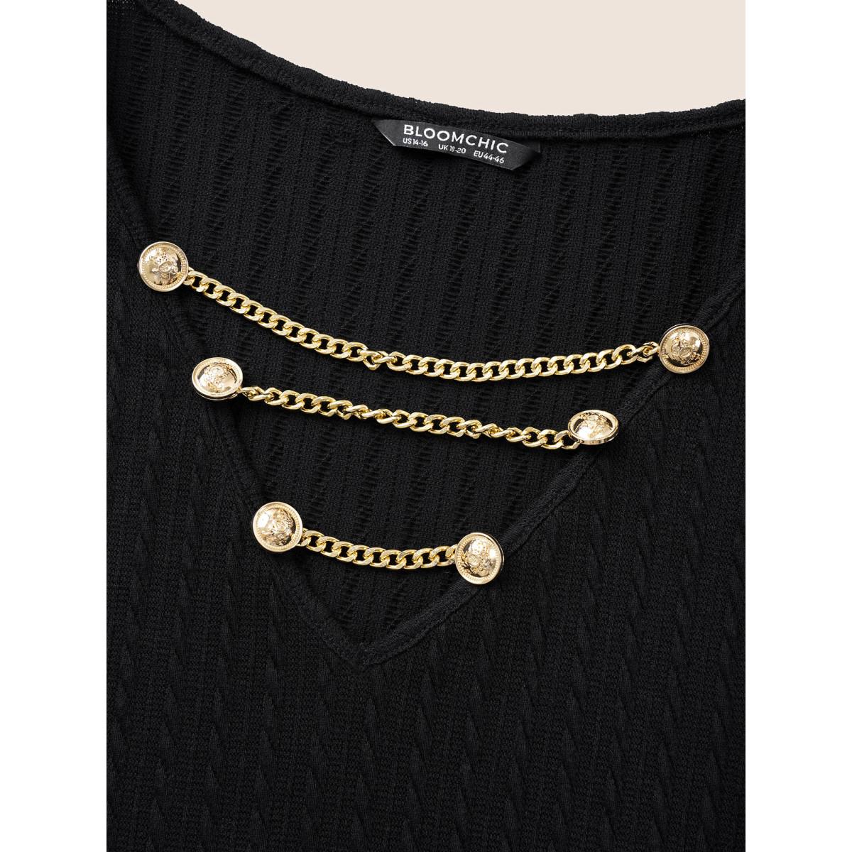 Plus Size Plain Textured Metal Chain Detail T-shirt Black Women Elegant Texture Plain V-neck Everyday T-shirts BloomChic 28/5X Product Image