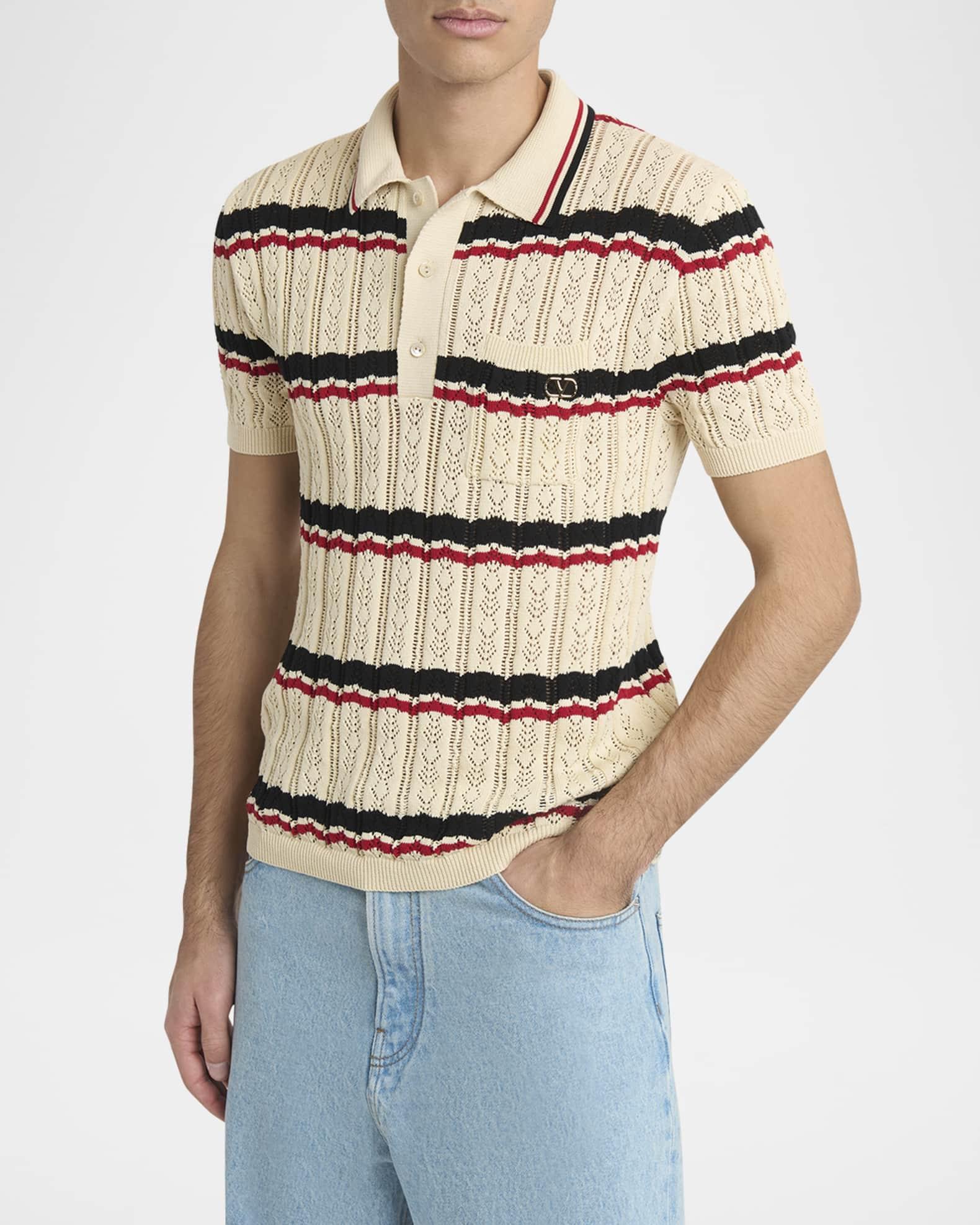 Men's Stripe Cotton Eyelet VLogo-Pocket Polo Shirt Product Image