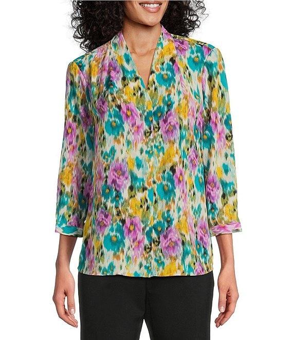 Investments Petite Size Caroline Signature Ikat Garden V-Neck 3/4 Sleeve Button Front Top Product Image