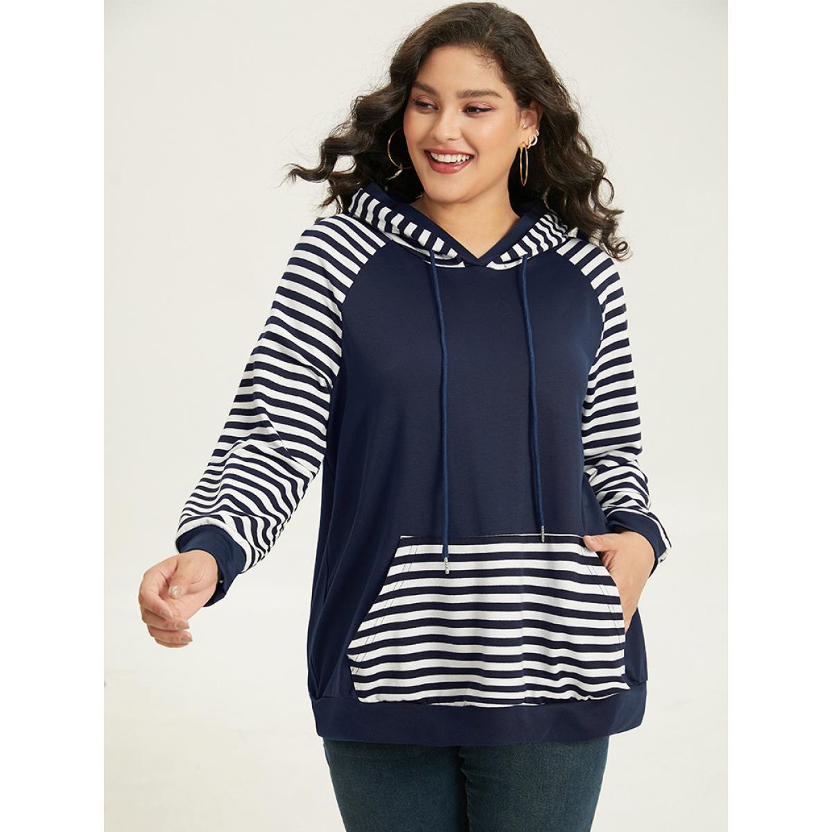 Plus Size Striped Patchwork Drawstring Hooded Pocket Sweatshirt Women Indigo Casual Contrast Hooded Dailywear Sweatshirts BloomChic 14-16/1X Product Image