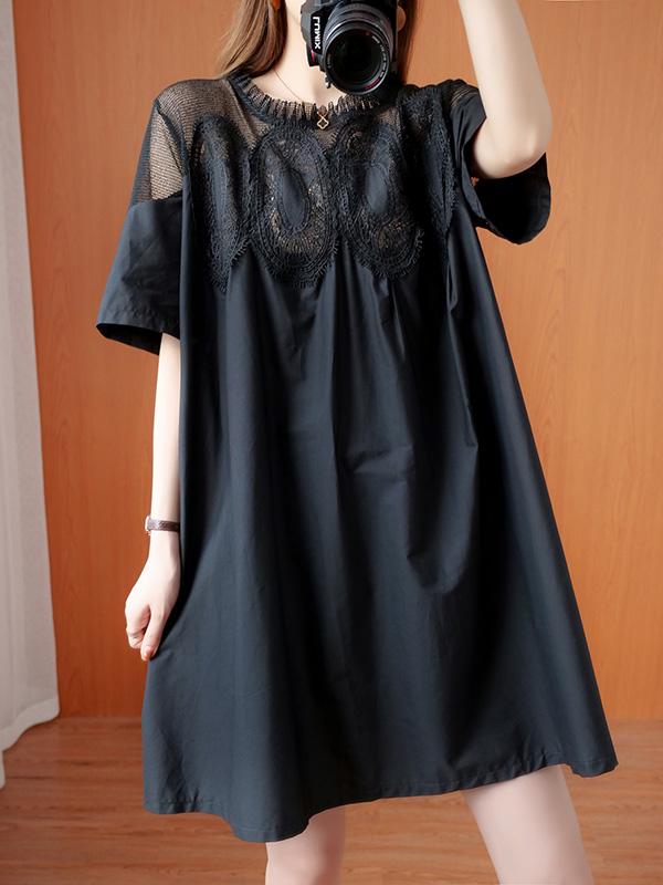 Original Solid Lace Split-Side Short Sleeve A-Line Mini Dress Product Image