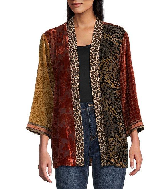 John Mark Mix Burnout Rhinestone Detail Open Front 3/4 Sleeve Kimono Product Image