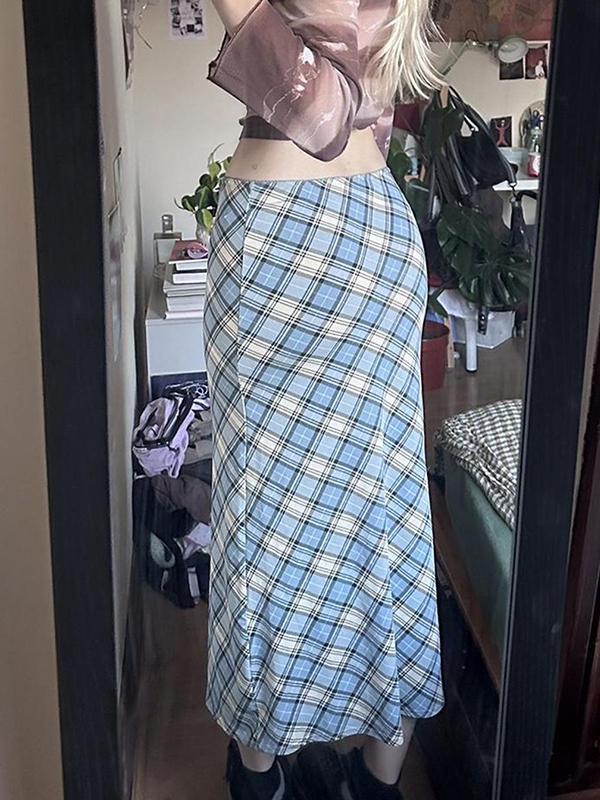 Retro Plaid Patchwork Maxi Skirt Product Image