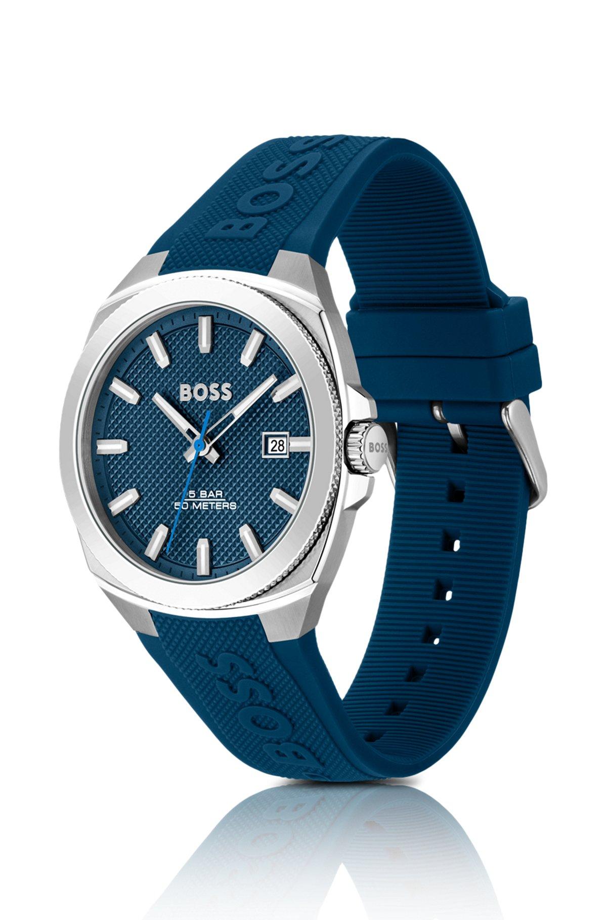 BOSS - Silicone-logo-strap watch with blue guilloché dial Product Image