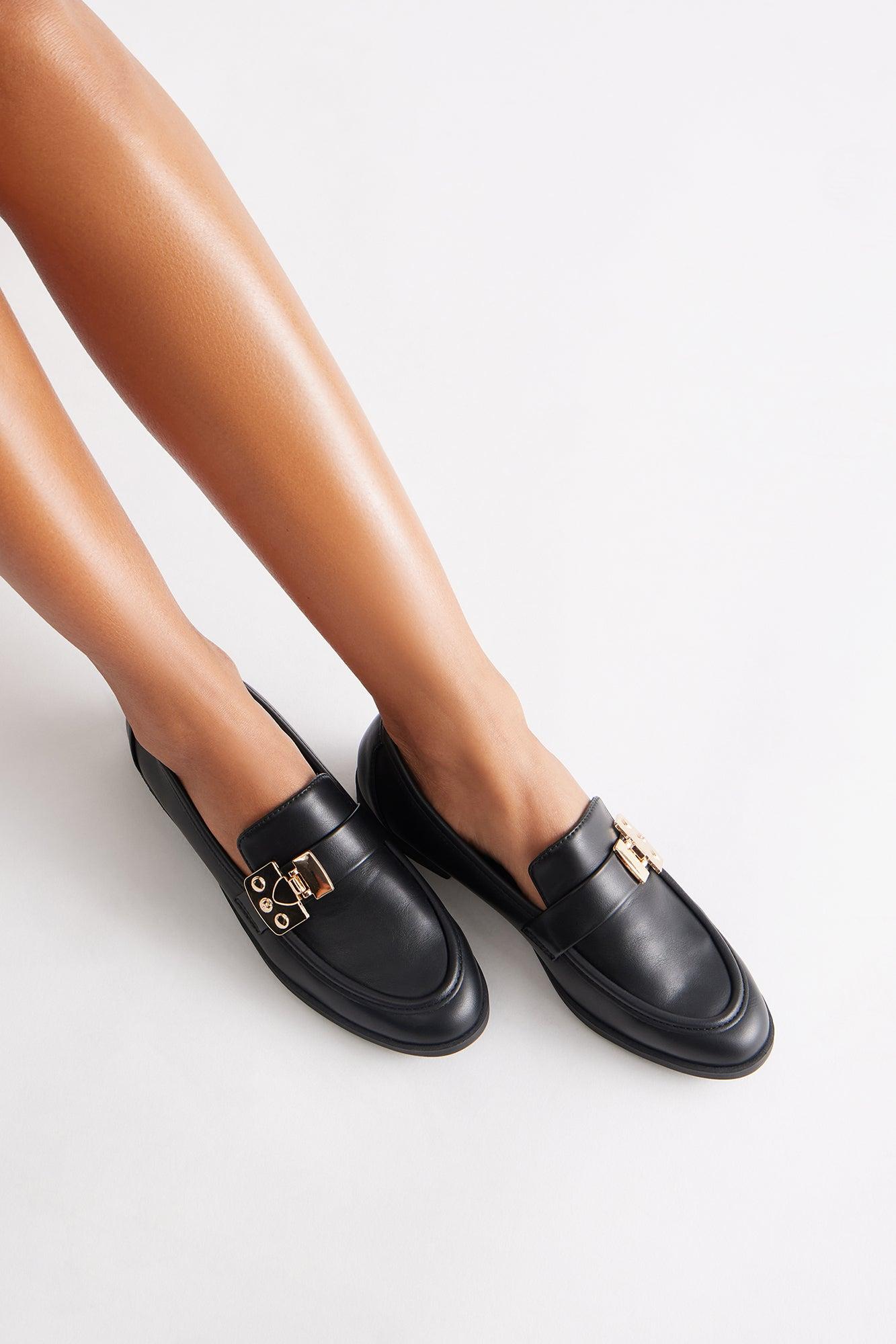 Junia Buckle Faux Patent Loafers - Black Female Product Image