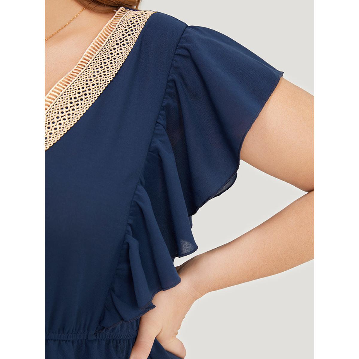 Plus Size Solid Contrast Lace V Neck Pocket Flutter Trim Dress DarkBlue Women Elegant Lace V-neck Cap Sleeve Curvy Knee Dress BloomChic 10/M Product Image