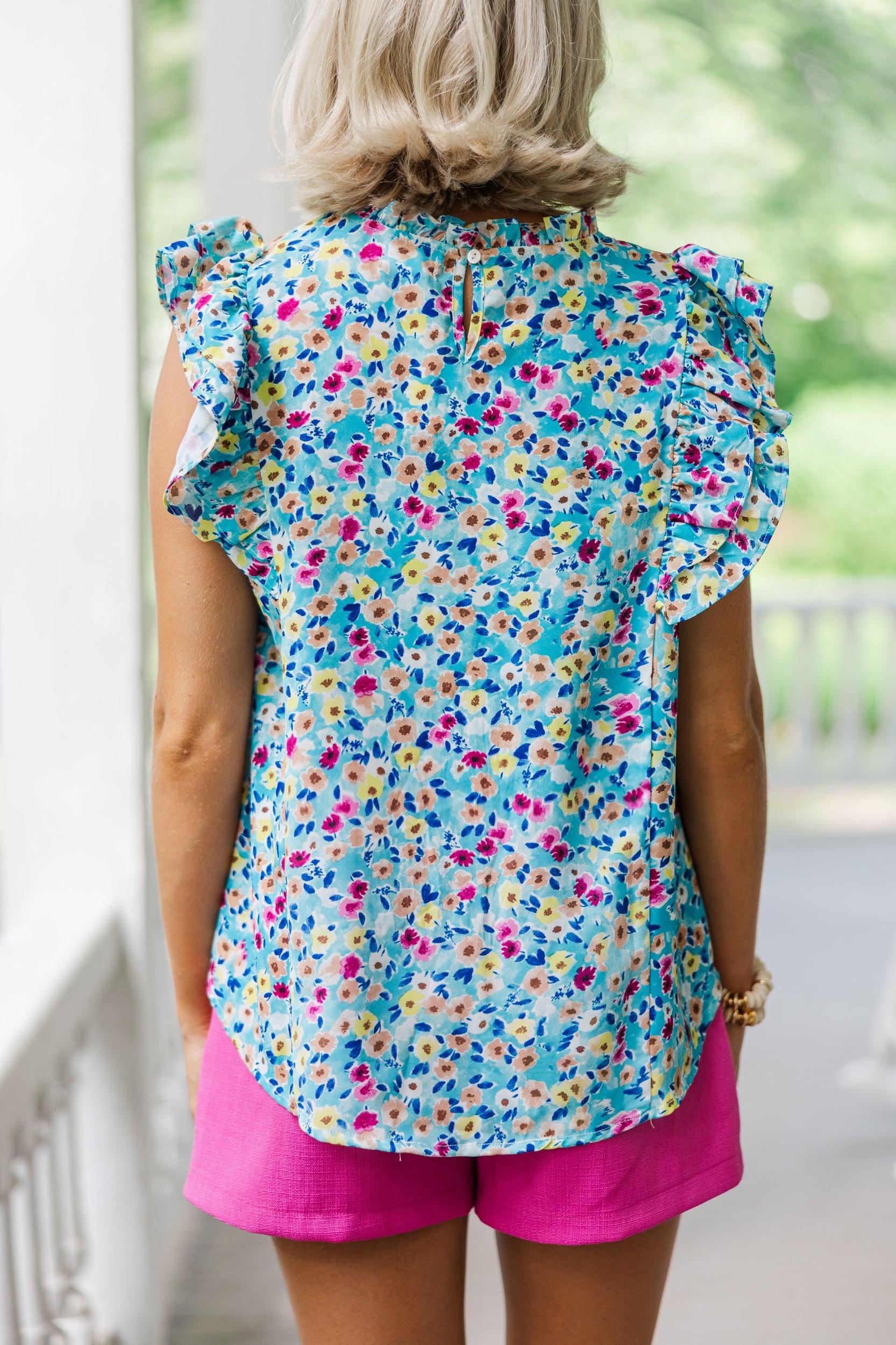 Better Believe It Aqua Blue Ditsy Floral Blouse Female Product Image