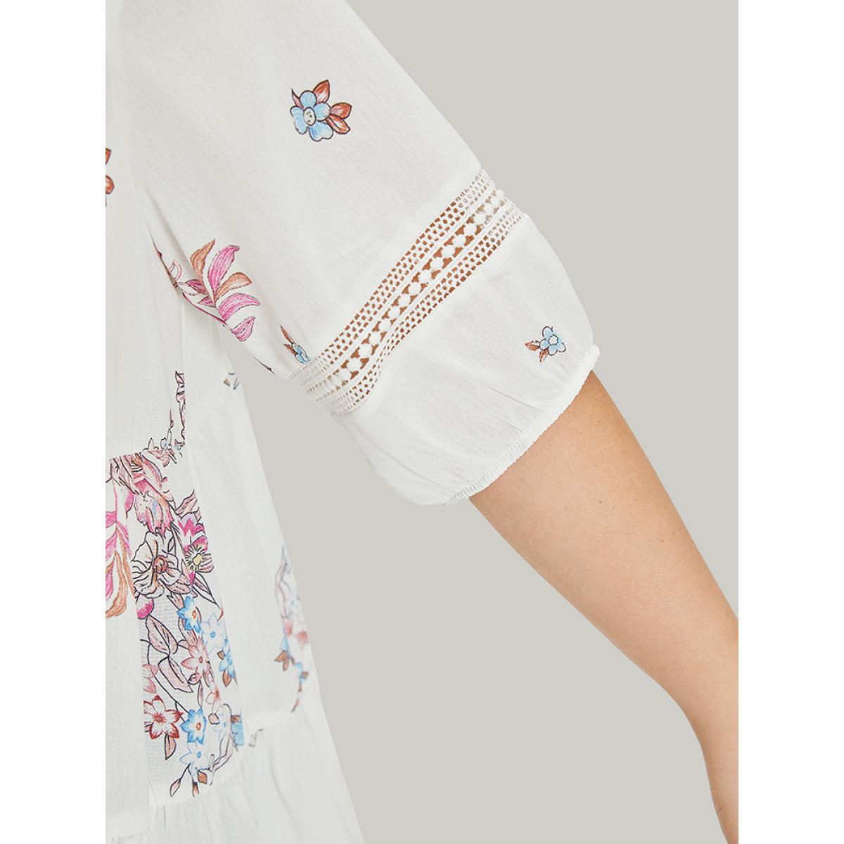 Plus Size White Floral Print Patchwork Ruffle Layered Hem Lantern Sleeve Blouse Women Elegant Half Sleeve Round Neck Dailywear Blouses BloomChic 30/6X Product Image