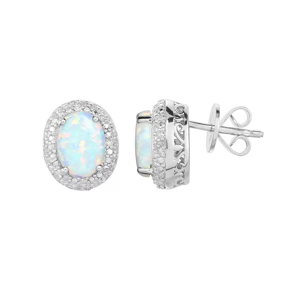 Oro Leoni Sterling Silver Lab-Created White Opal & 1/10 Carat T.W. Diamond Oval Halo Stud Earrings, Women's Product Image