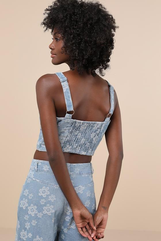Poised Premise Medium Wash Floral Jacquard Crop Top Product Image