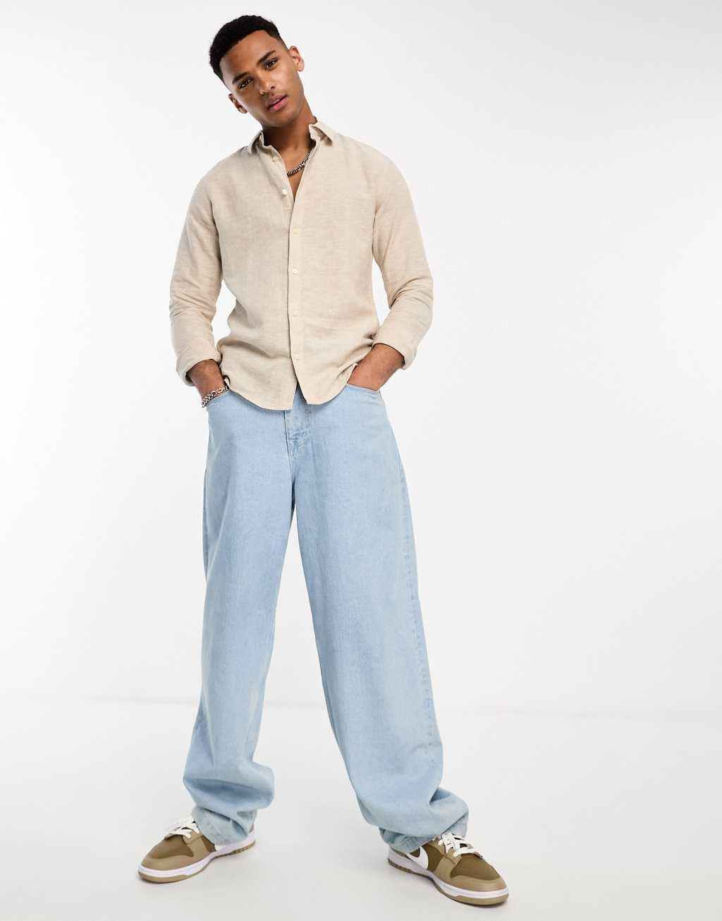 Only & Sons linen mix long sleeve shirt in beige Product Image