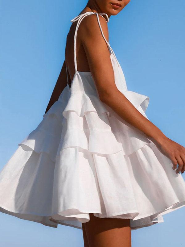 High Waisted Loose Backless Layered Pleated Solid Color Tied Spaghetti-Neck Mini Dresses Product Image