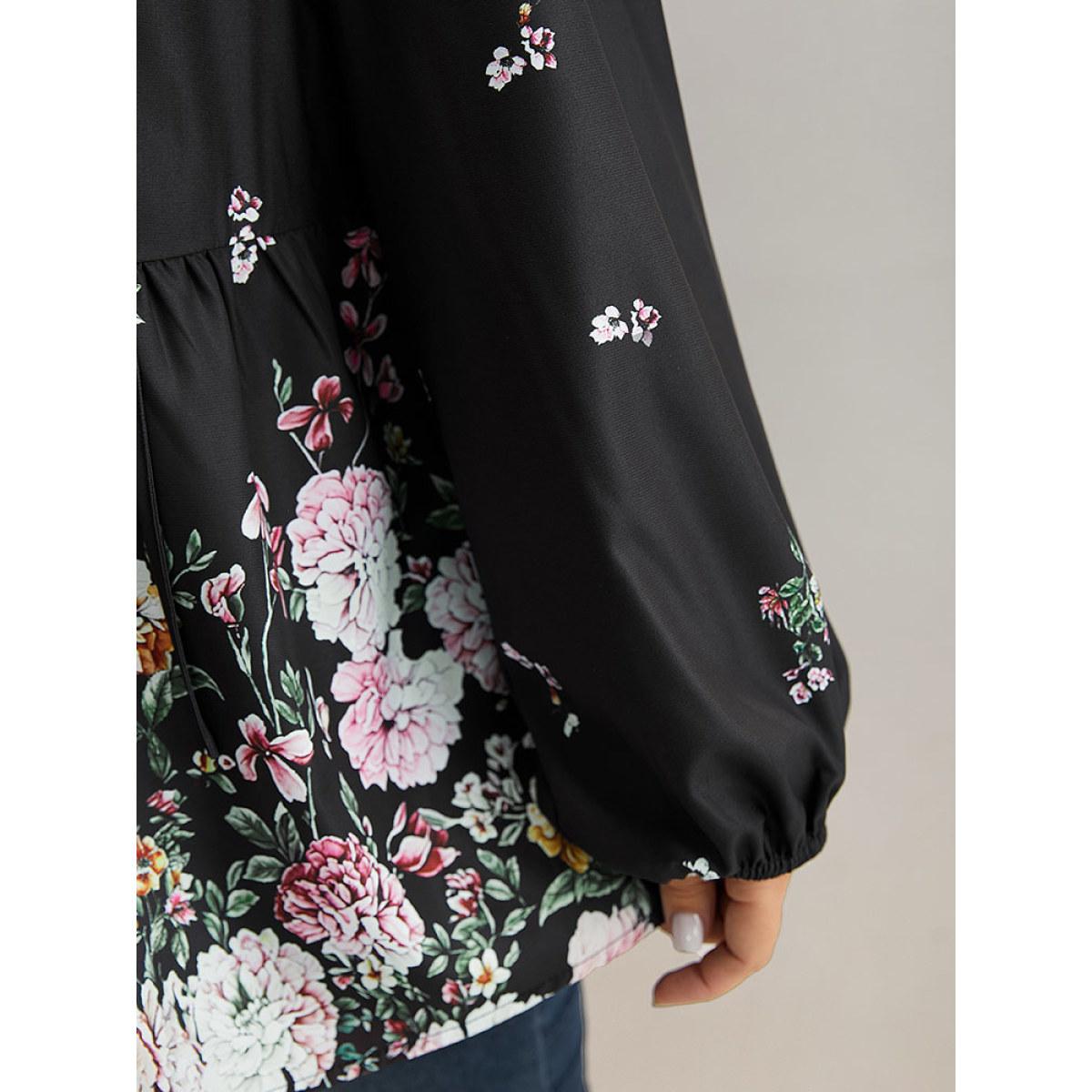 Plus Size BlackFlower Floral Print Tie Neck Blouse Women Elegant Long Sleeve V-neck Dailywear Blouses BloomChic 18-20/2X Product Image