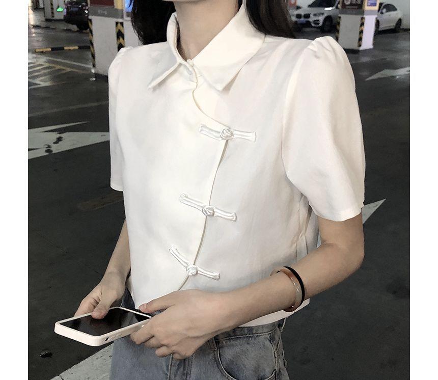 Short-Sleeve Collared Plain Blouse Product Image