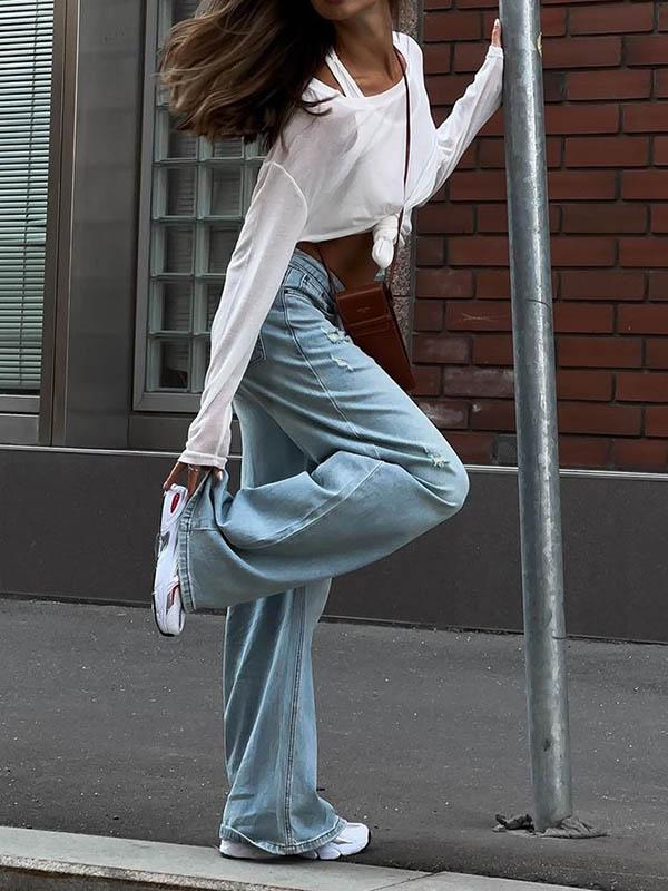 Long Sleeves Loose Solid Color Round-Neck T-Shirts Tops Product Image