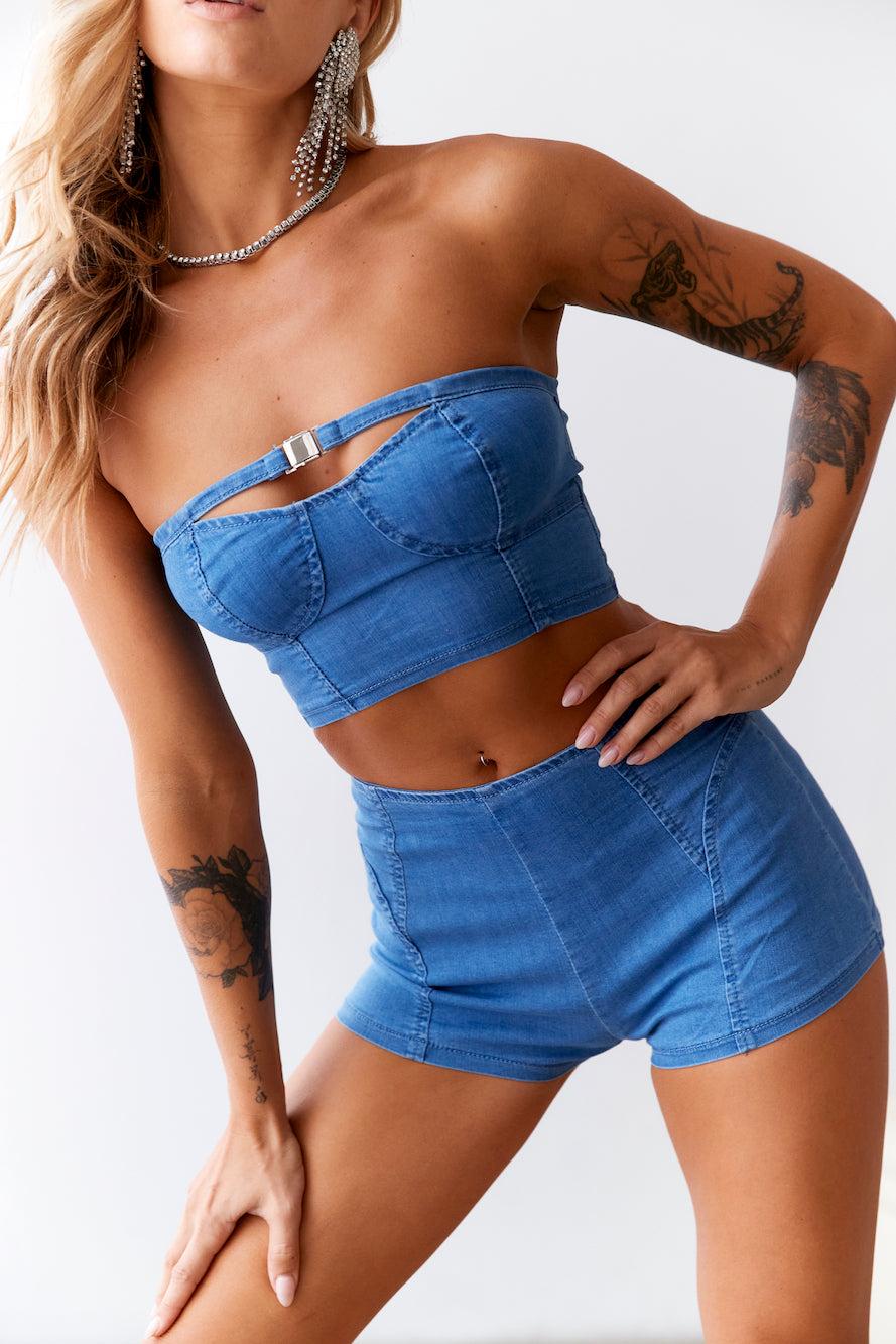 HELLO MOLLY Cheeky Heart Mid Rise Denim Shorts Blue Product Image