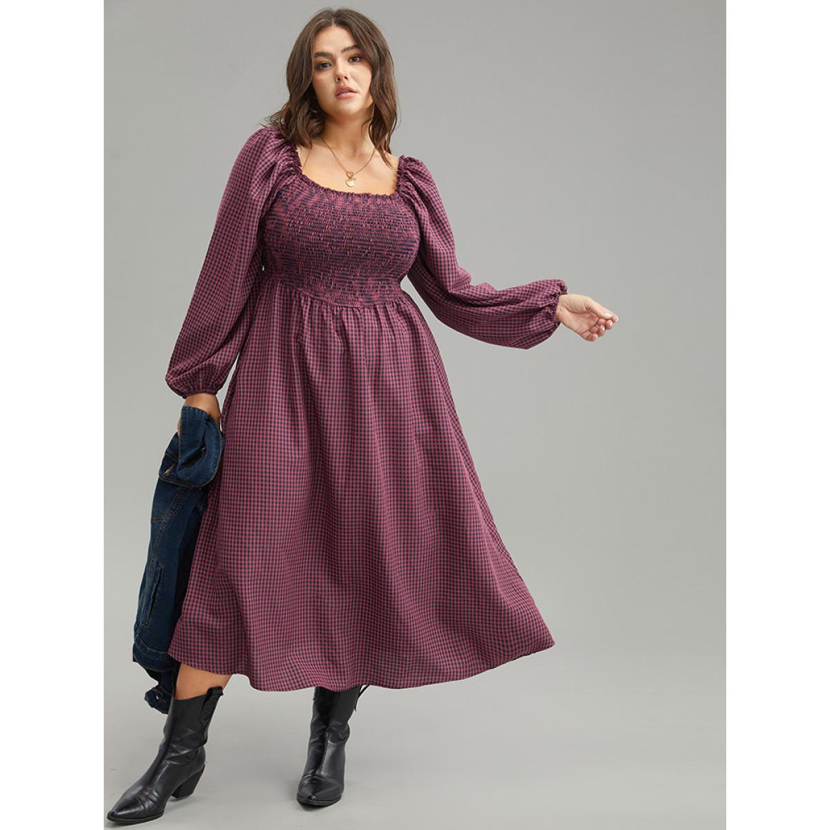 Plus Size Gingham Square Neck Frill Trim Shirred Dress RedViolet Women Casual Elastic cuffs Square Neck Long Sleeve Curvy Midi Dress BloomChic 22-24/3X Product Image