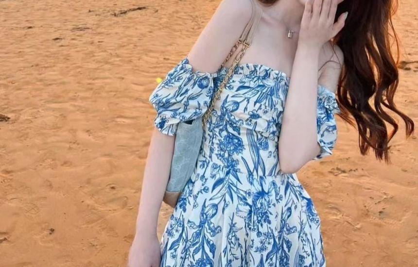 Short-Sleeve Off-Shoulder Floral Print Midi A-Line Dress Product Image