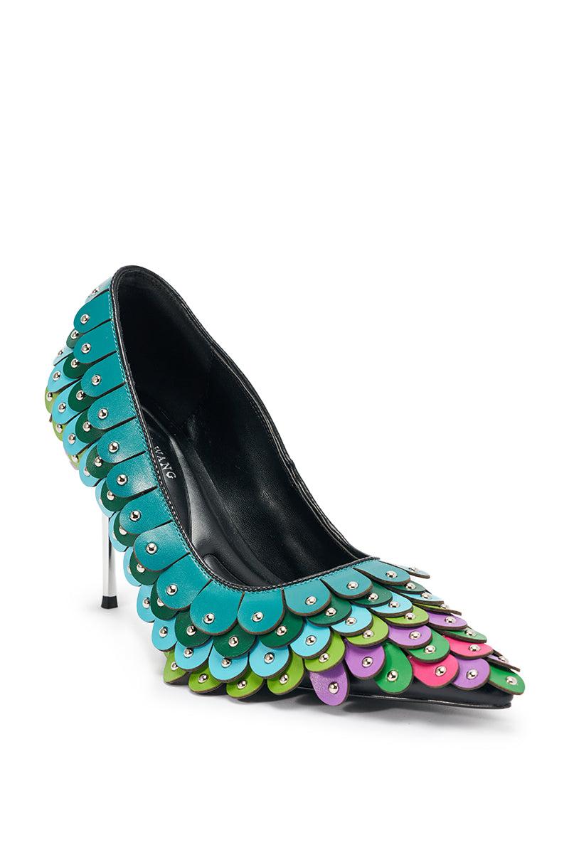 AZALEA WANG CRISTATUS GREEN MULTI COLOR TEXTURED STILETTO PUMP Product Image