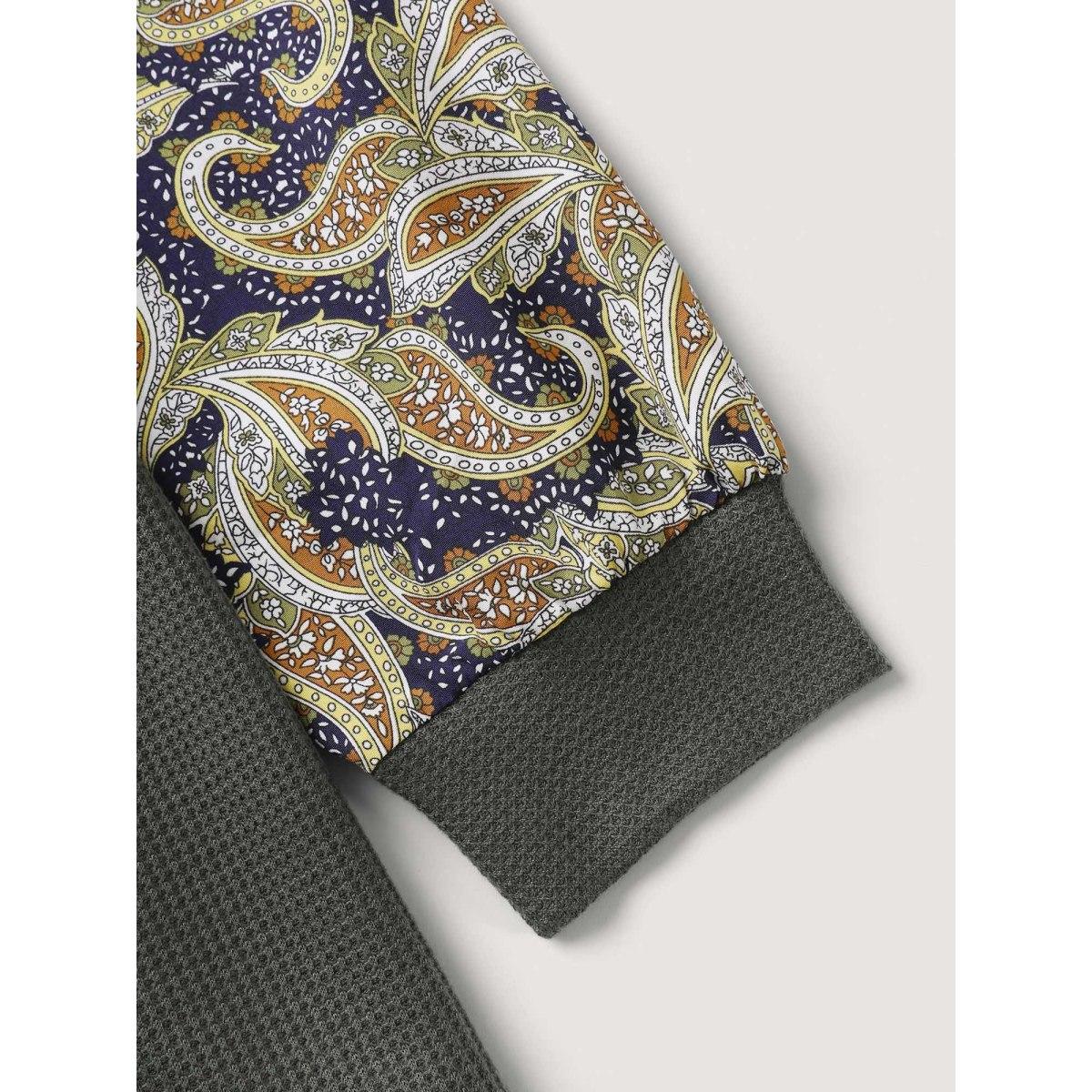 Plus Size Paisley Sleeve Textured Contrast Sweatshirt Women ArmyGreen Woven ribbon&lace trim Round Neck Casual Sweatshirts BloomChic 18-20/2X Product Image