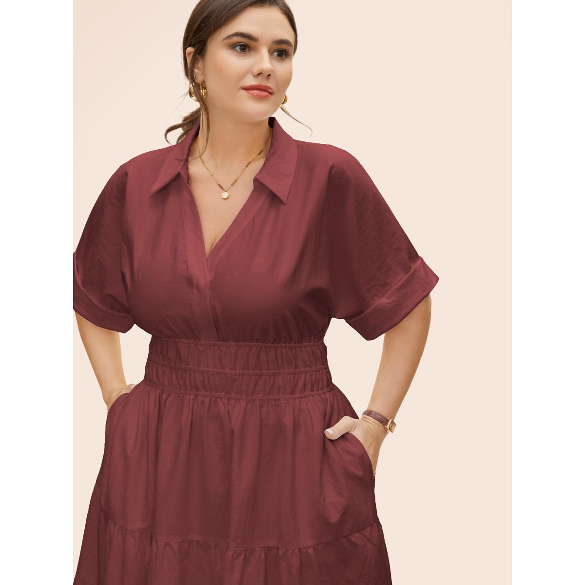 Plus Size Midfield Tiered Midi Shirt Dress Burgundy Women At the Office Gathered Shirt collar Short sleeve Curvy BloomChic 30/6X Product Image