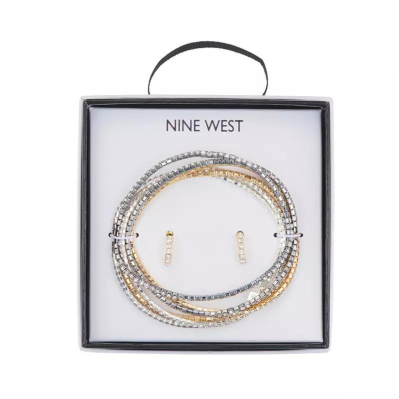 Nine West Tri-Tone Multi-Row Bracelet & Stud Earring Set, Womens Product Image