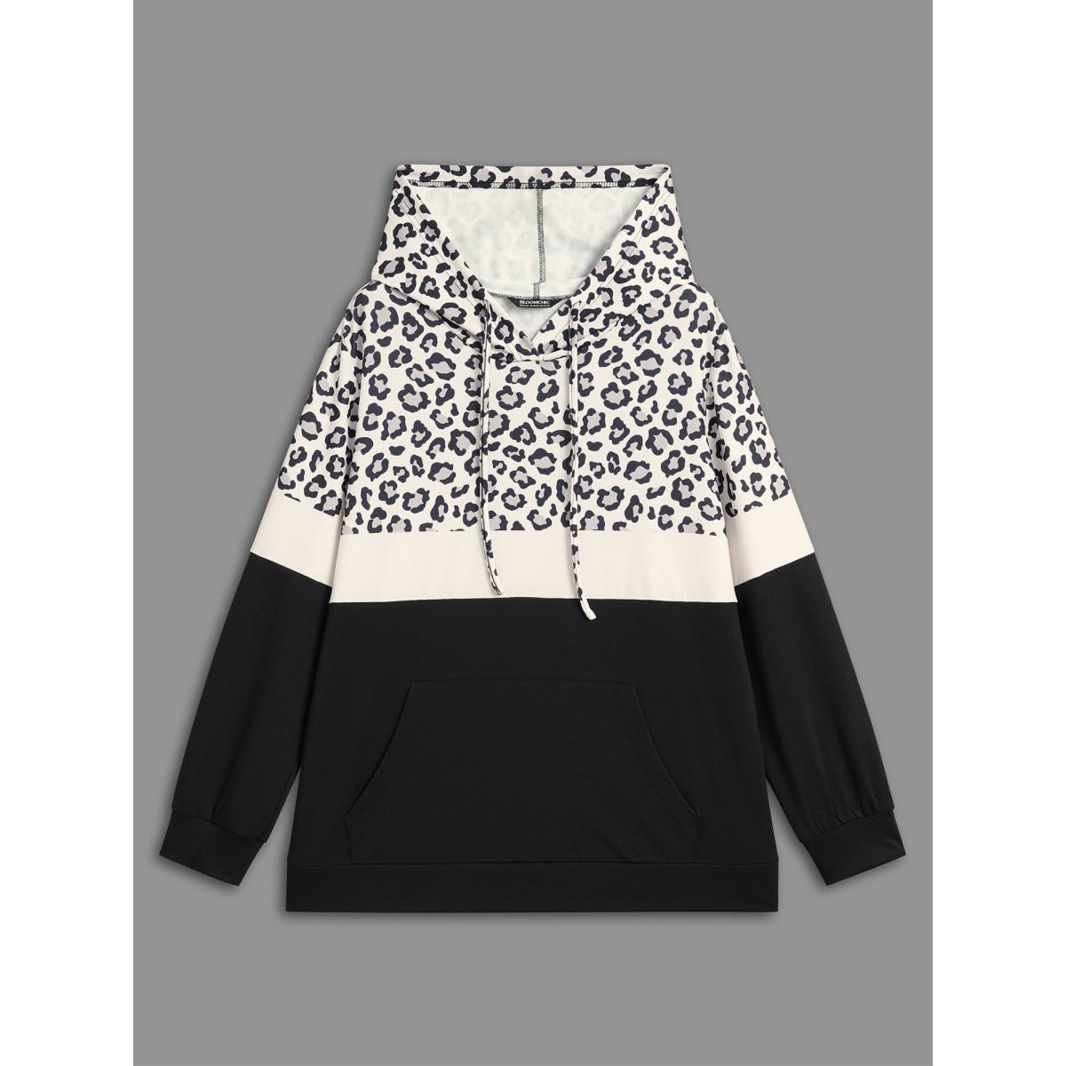 Plus Size Leopard Print Patchwork Contrast Drawstring Sweatshirt Women Black Casual Contrast Hooded Everyday Sweatshirts BloomChic 30/6X Product Image