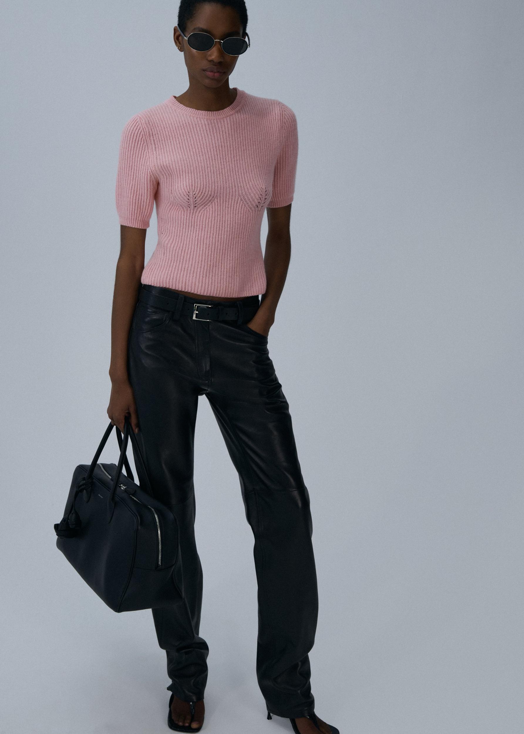 Short sleeve ribbed knitwear top in pink Product Image