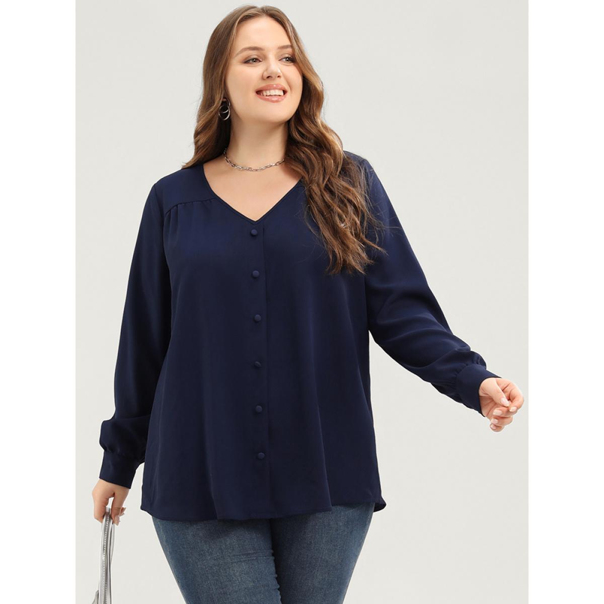 Plus Size Indigo Solid Button Detail Gathered V Neck Blouse Women Elegant Long Sleeve V-neck Dailywear Blouses BloomChic 12/L Product Image