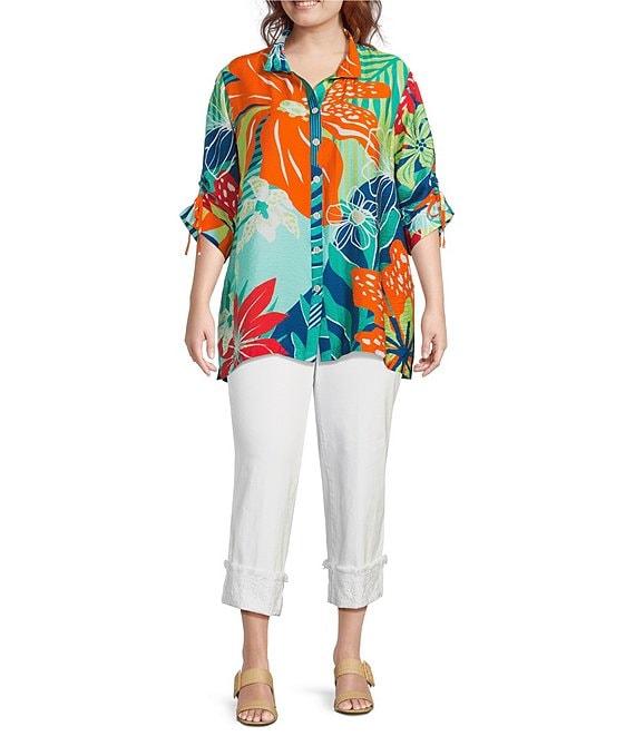 John Mark Plus Size Printed Wire Collar 3/4 Cinch Tie Sleeve Button Front Tunic Product Image