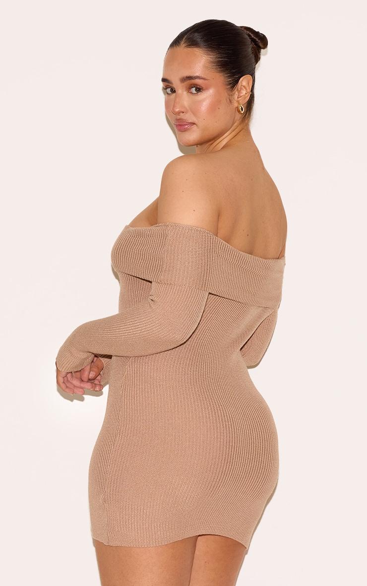 Shape Mocha Off Shoulder Fold Over Knitted Bodycon Dress Product Image