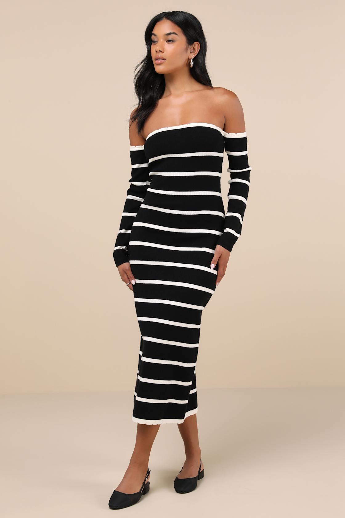 Chicest Side Black Striped Off-the-Shoulder Midi Sweater Dress Product Image